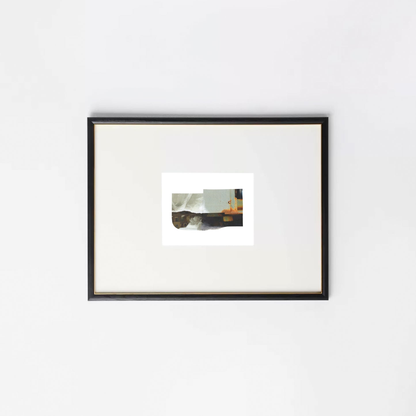 Abstract photo collage with layered architectural fragments in soft sage green, muted gray, and warm rust tones  in a black frame.