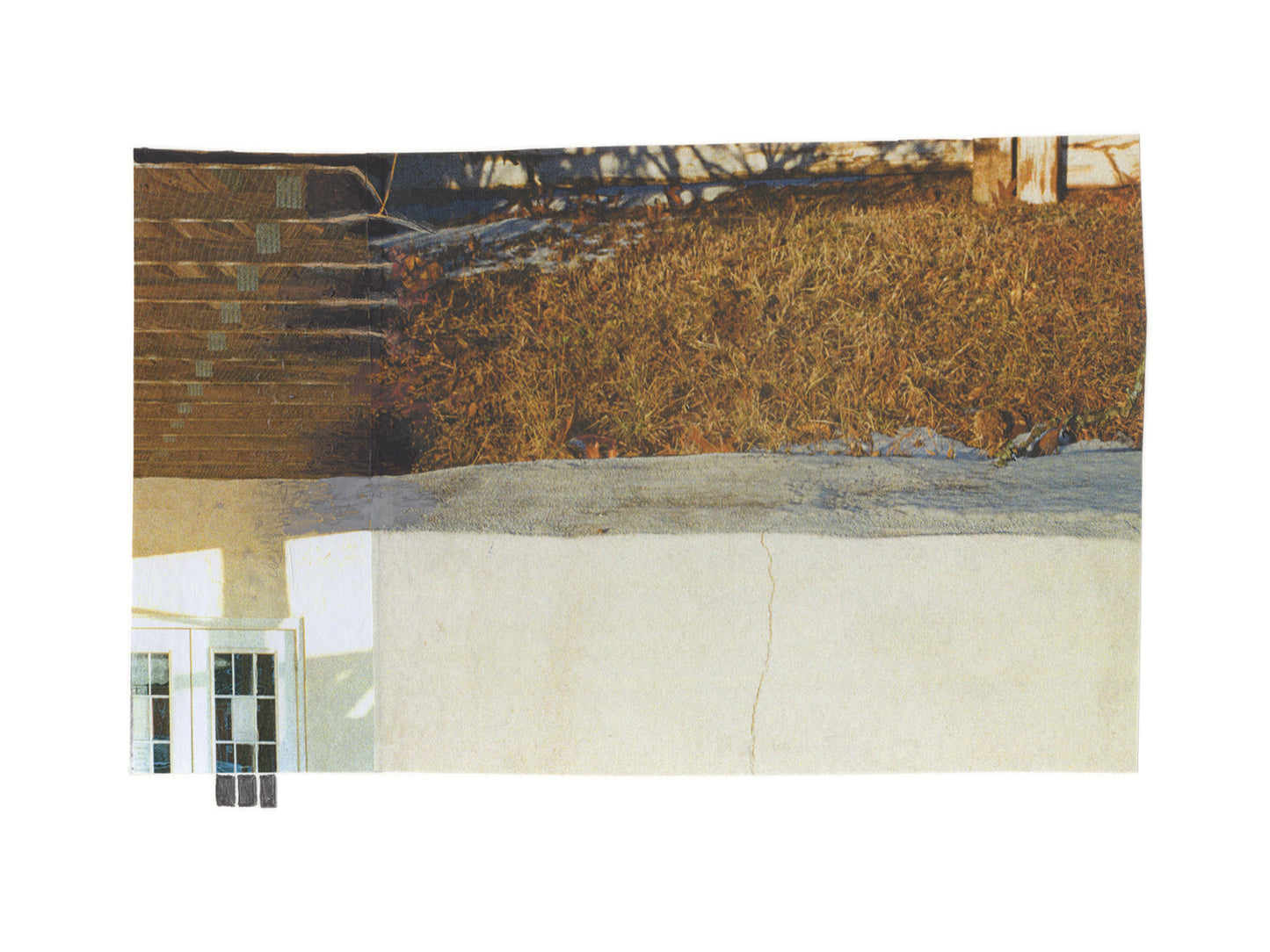 Photo collage with golden grass and a small window element. 
