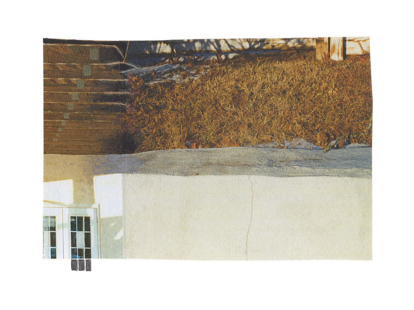 Photo collage with golden grass and a small window element. 