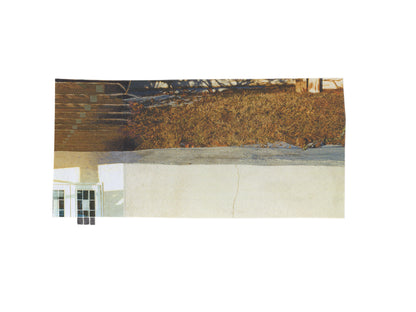 Abstract photo collage featuring golden grasses layered with architectural fragments, white-framed windows, cream walls, and graphite mark-making on watercolor paper.