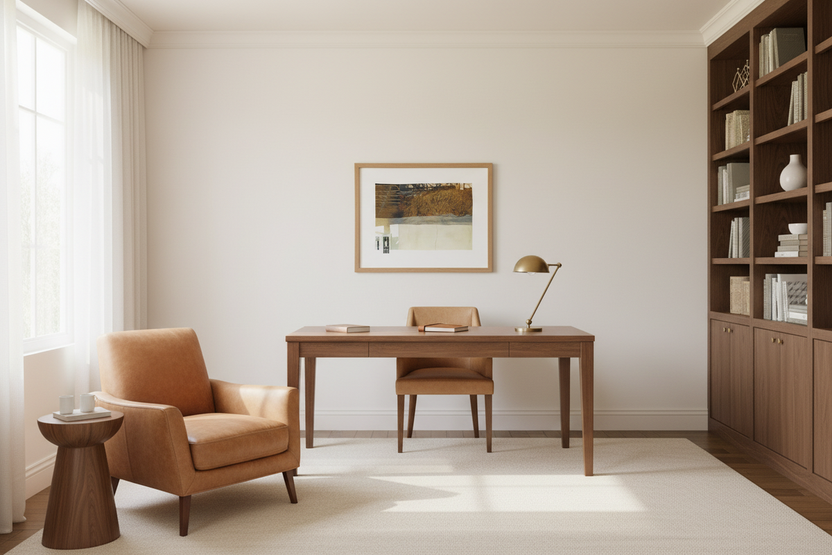 Golden brown and cream colored collage art in an oak frame in a contemporary home office setting.