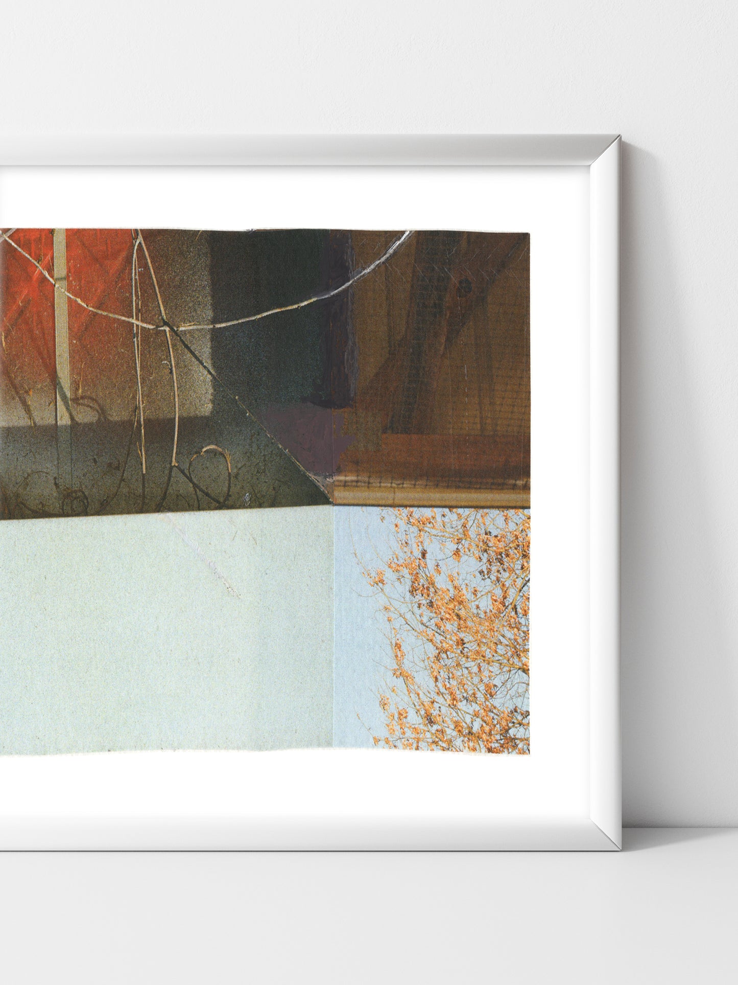 Photo collage with warm and cool tones in a white frame.