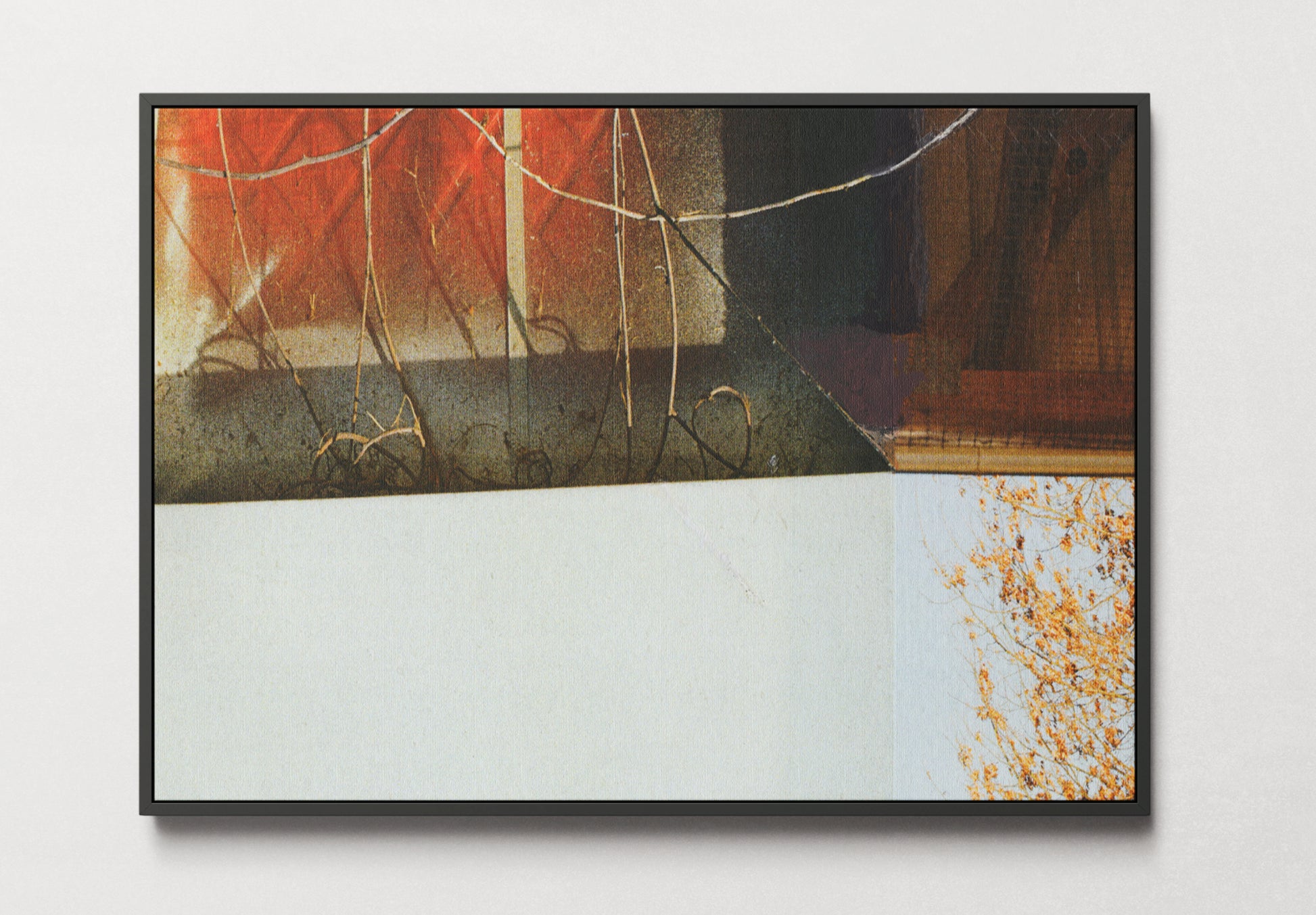 Framed canvas print of collage with architectural elements and warm and cool tones.