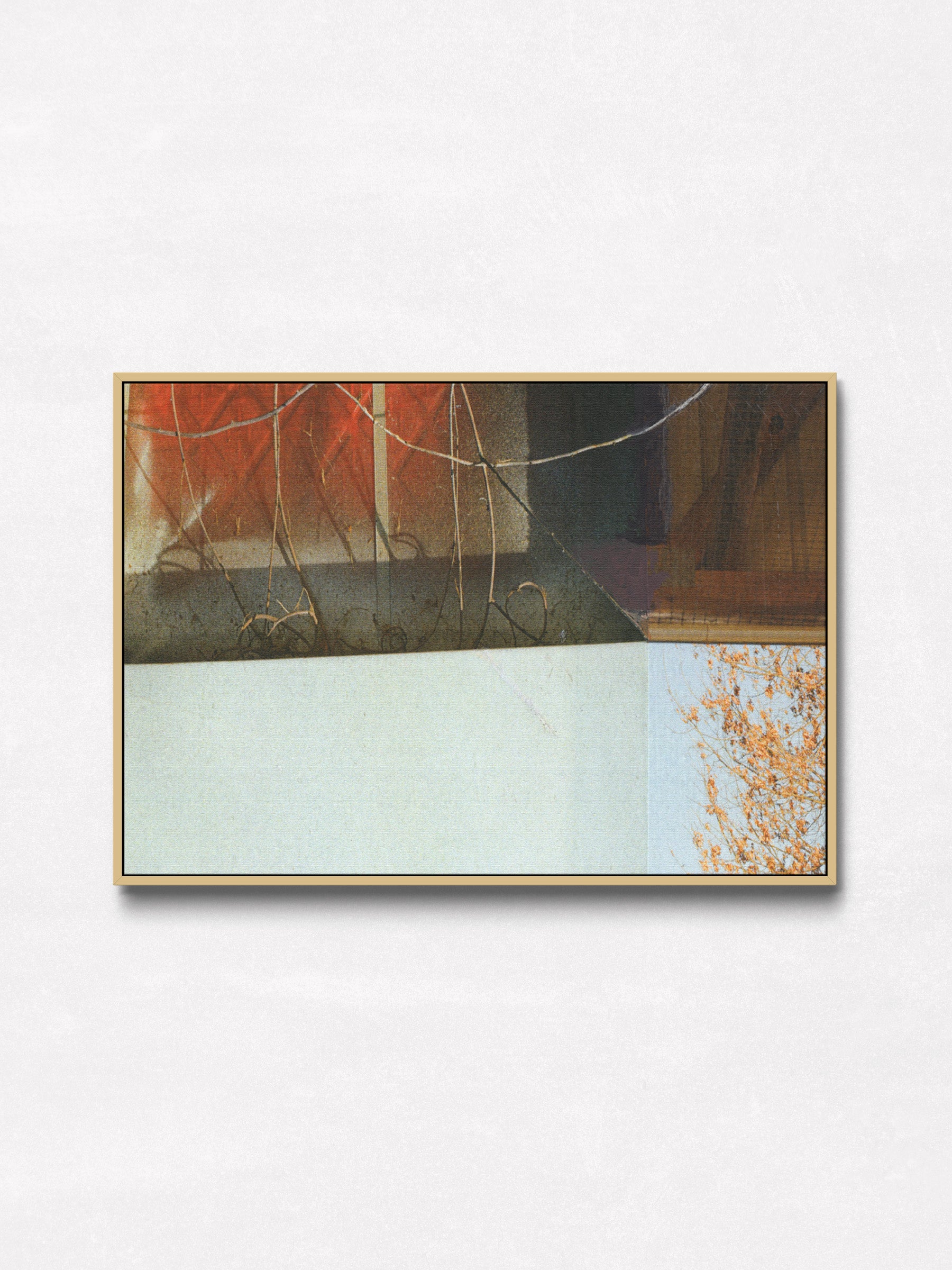Abstract photo collage with rust, ochre, and cool mint and pale blue in an oak floater frame.