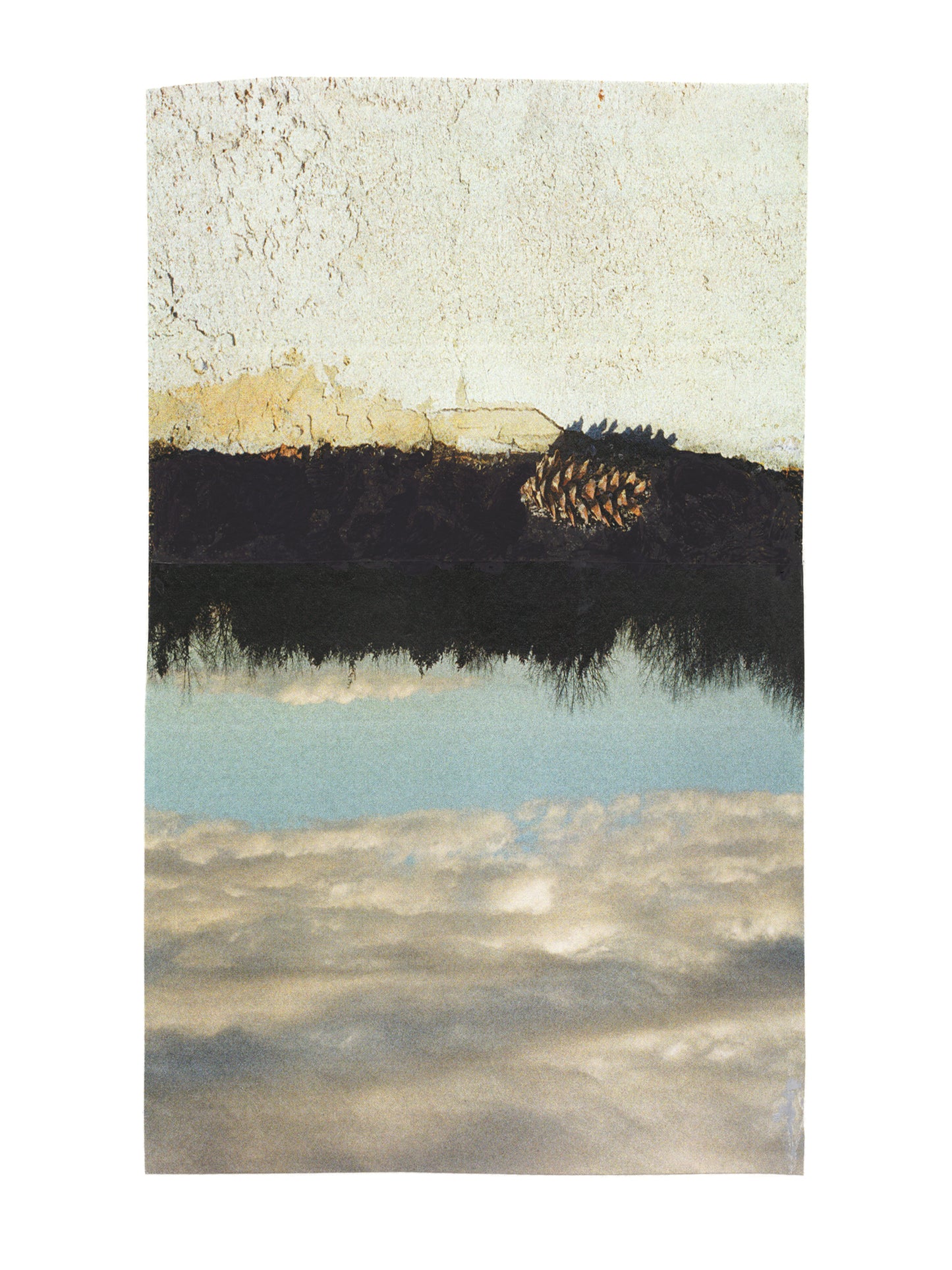 Abstract collage with a landscape of stucco, trees, and sky with a pine cone.