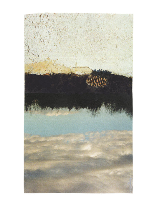 Abstract collage with a landscape of stucco, trees, and sky with a pine cone.
