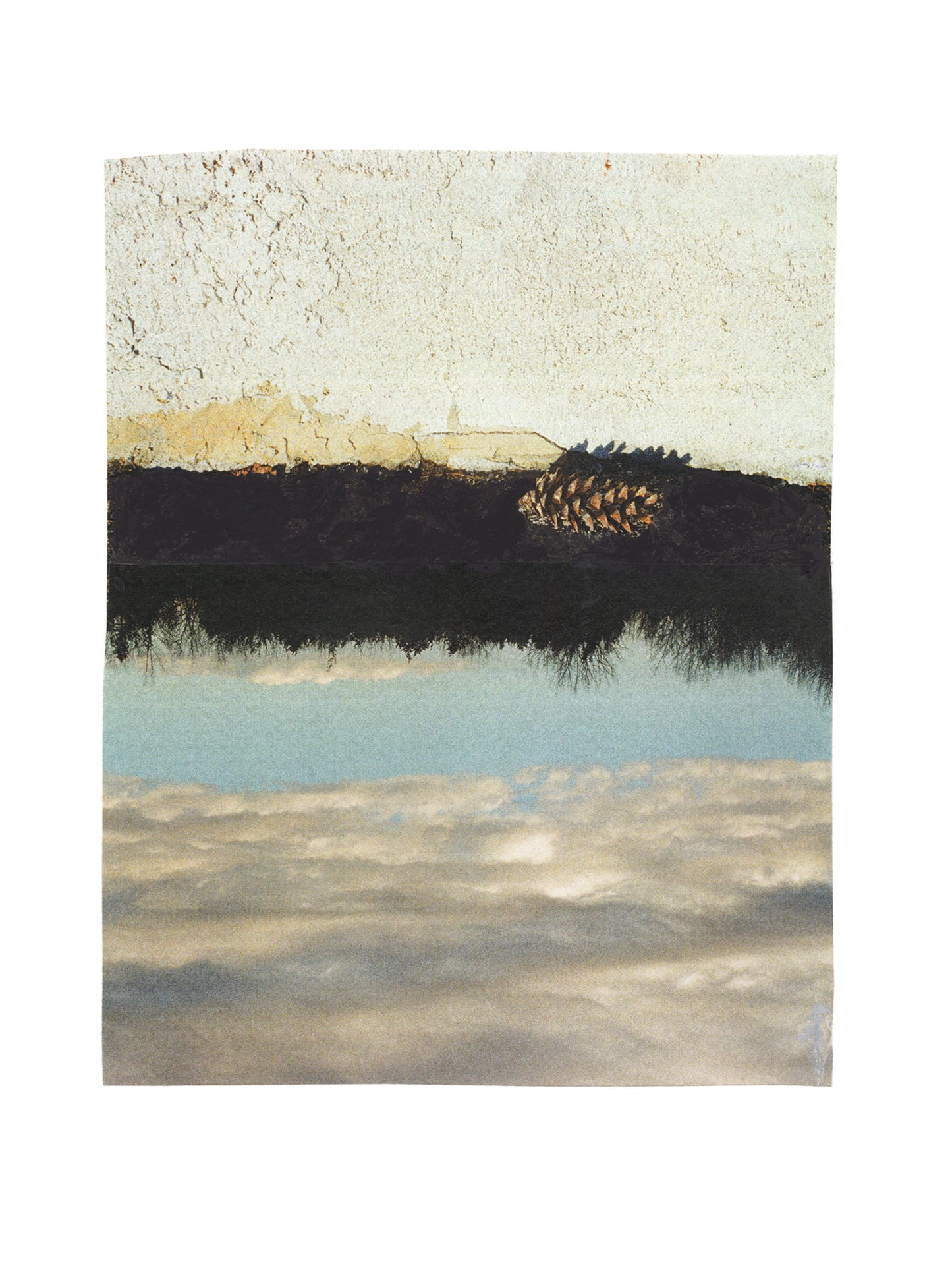 Abstract collage with a landscape of stucco, trees, and sky with a pine cone.