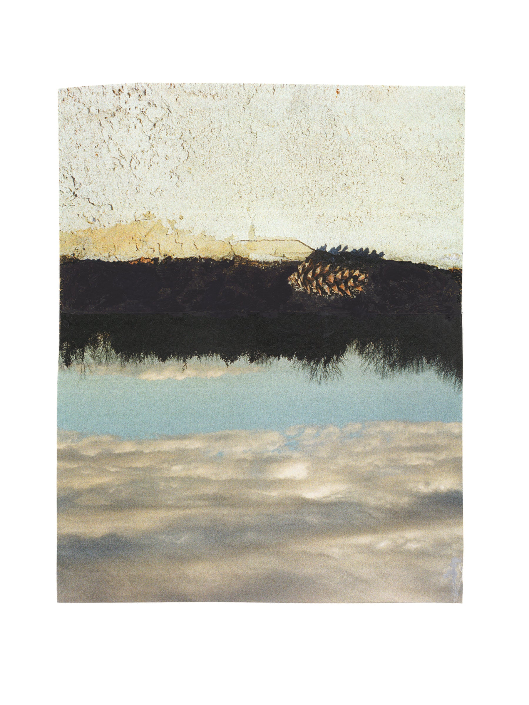 Abstract collage with a landscape of stucco, trees, and sky with a pine cone.