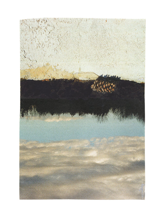 Abstract collage with a landscape of stucco, trees, and sky with a pine cone.