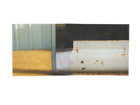 Yellow, black, and gray photo collage on paper with architectural shapes.