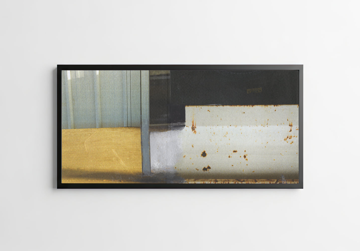 Framed canvas print of yellow, black, and gray photo collage on paper with architectural shapes.