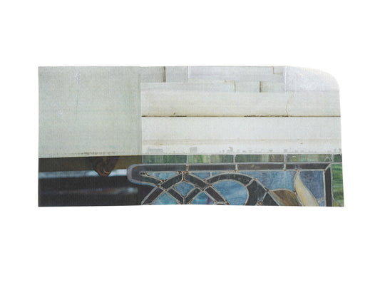 Abstract paper collage with white textures and blue and green stained glass.
