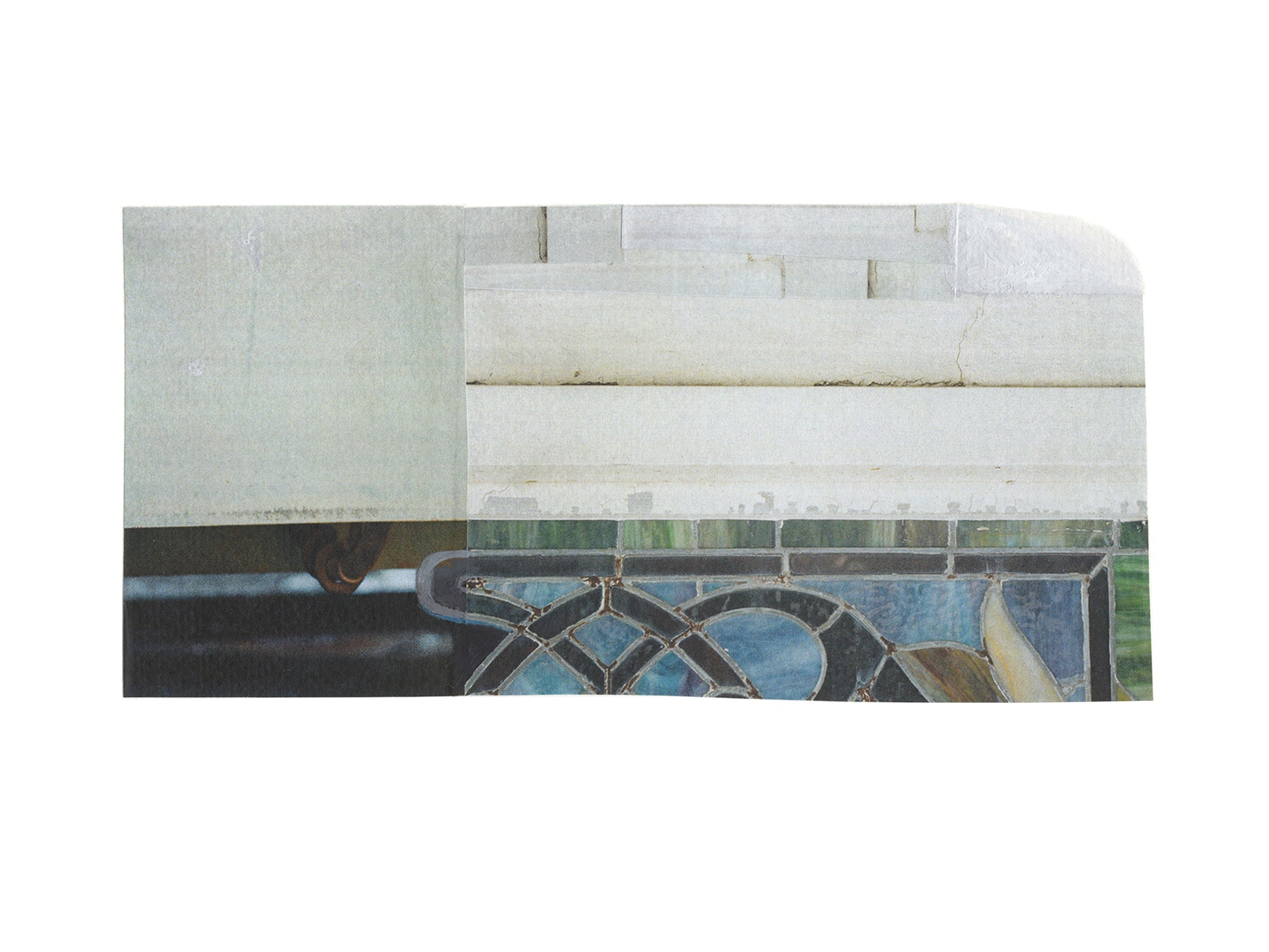 Photo collage with blue and green stained glass and cream walls.