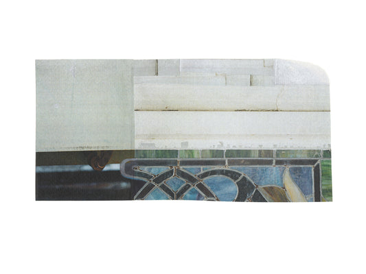 Photo collage with blue and green stained glass and cream walls.
