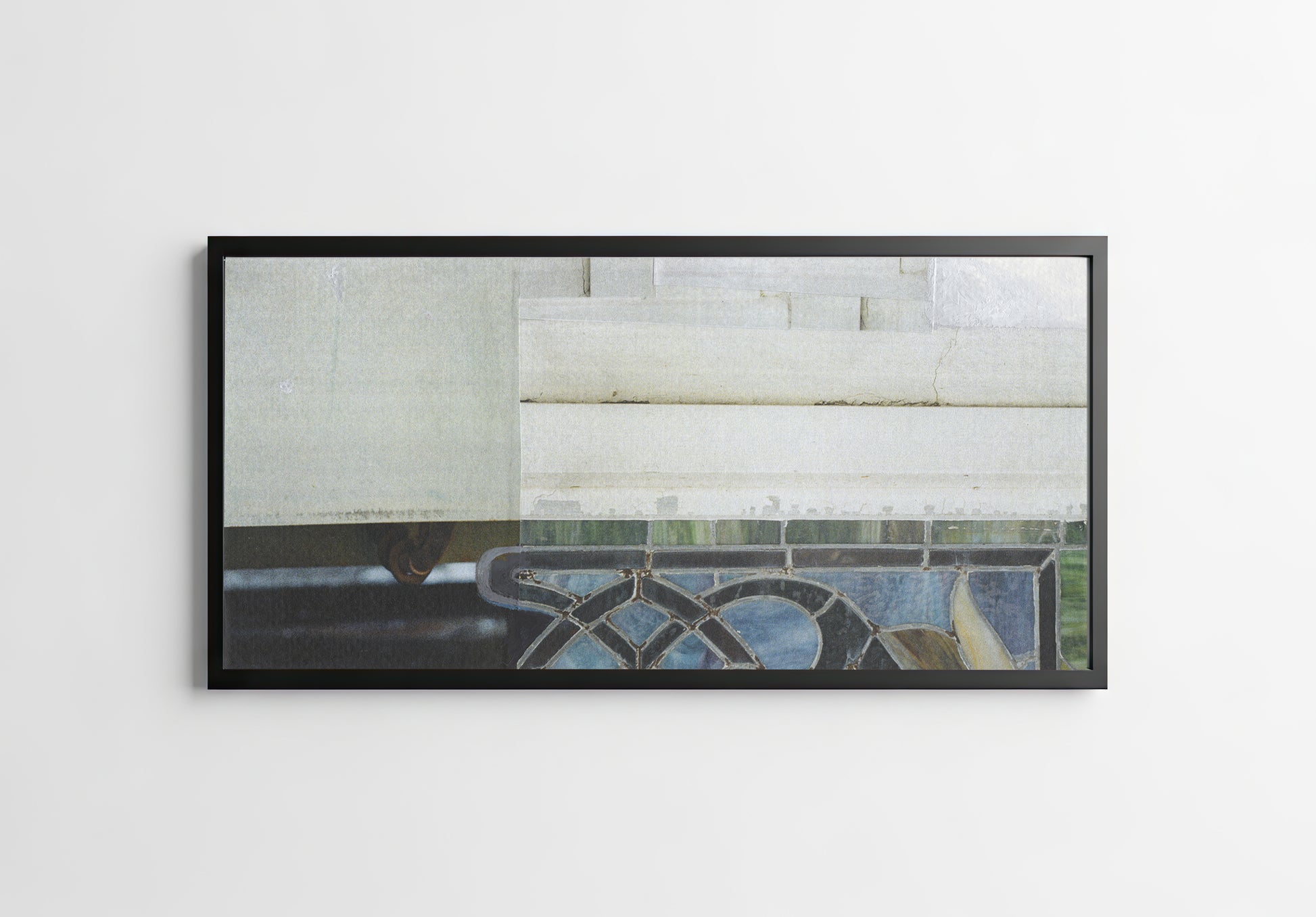 Framed canvas print of abstract collage with white textures and blue and green stained glass.