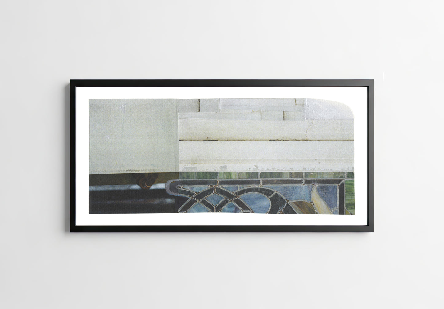 Framed art of abstract collage with white textures and blue and green stained glass.