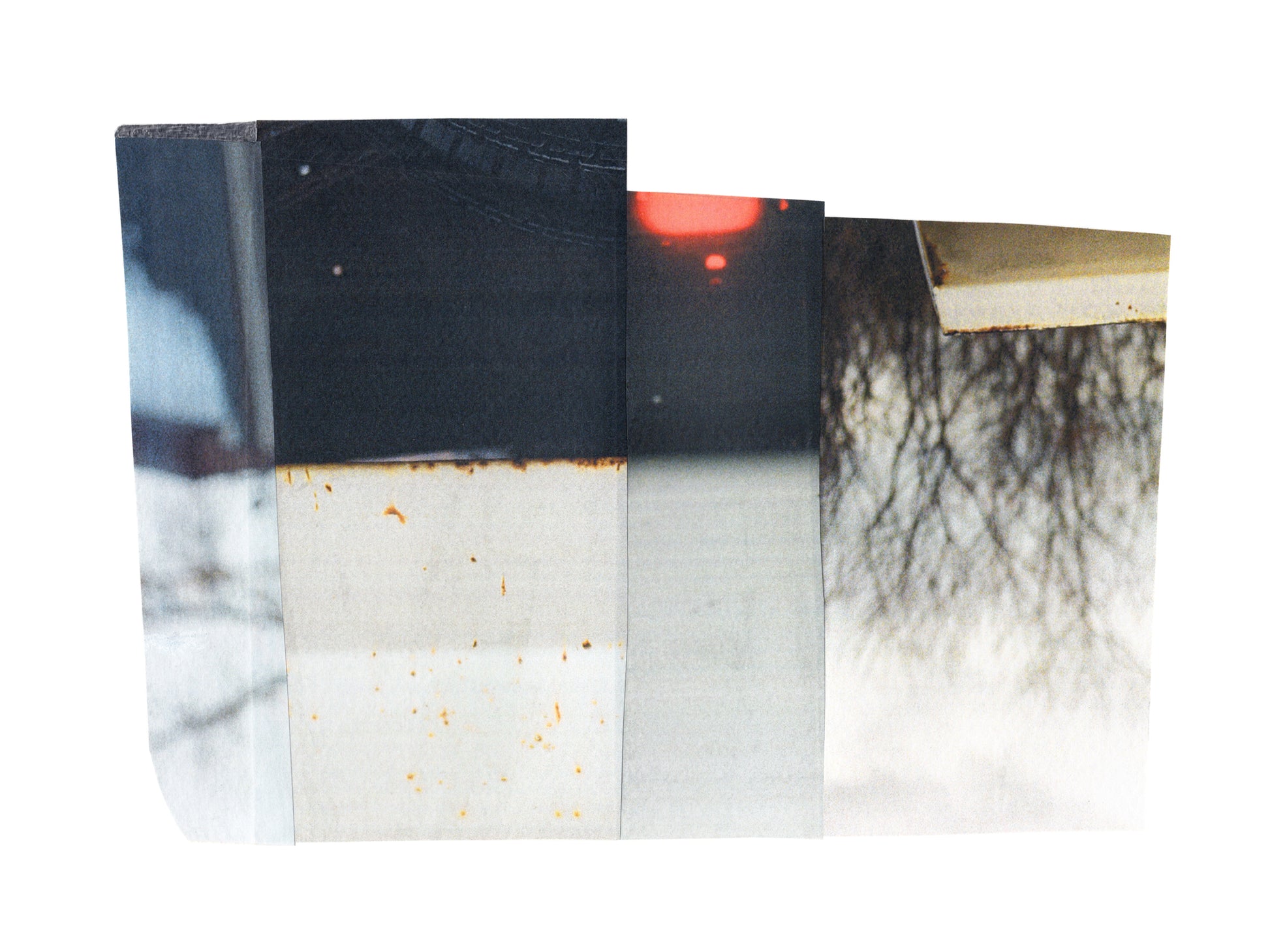 Photo collage with grays, blacks, and warm beiges with a touch of red.