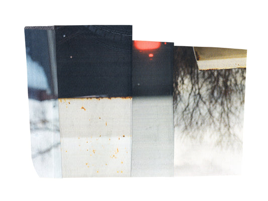 Photo collage with grays, blacks, and warm beiges with a touch of red.