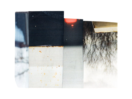 Photo collage with grays, blacks, and warm beiges with a touch of red.