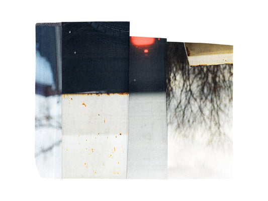Photo collage with grays, blacks, and warm beiges with a touch of red.