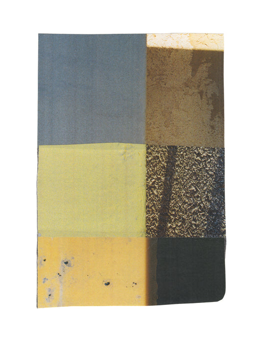 Geometric abstract photo collage with blue, yellow, green, and neutral tones. 