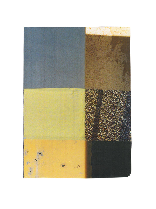 Geometric abstract photo collage with blue, yellow, green, and neutral tones. 