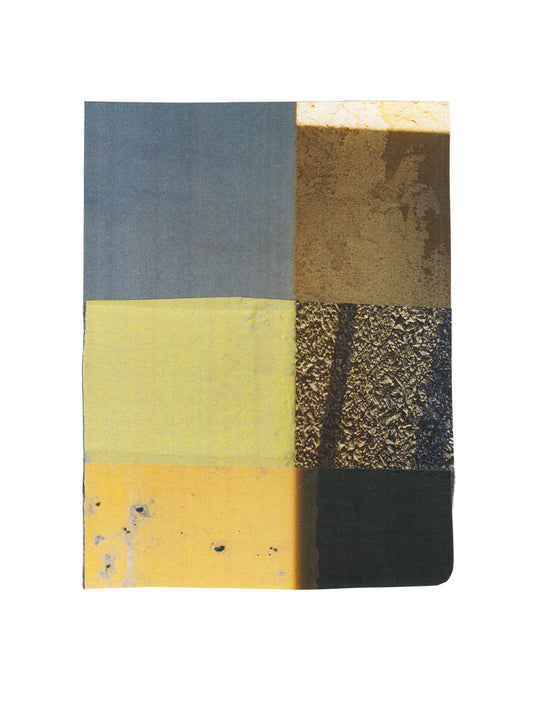 Geometric abstract photo collage with blue, yellow, green, and neutral tones. 