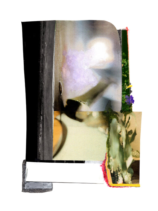 Colorful abstract collage with a focus on a blurred figure and floral elements.