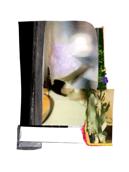 Colorful abstract collage with a focus on a blurred figure and floral elements.