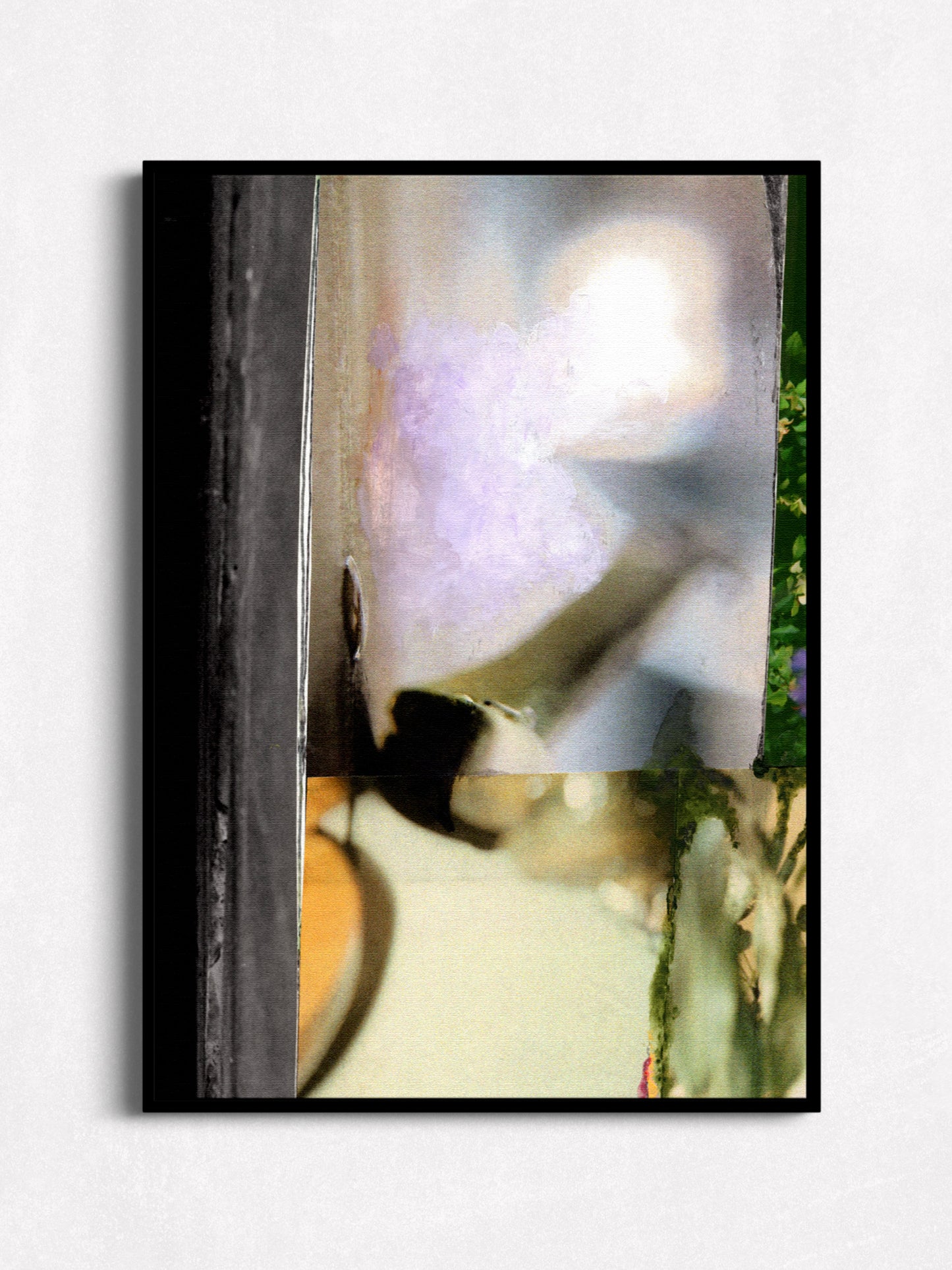 Colorful abstract collage with a focus on a blurred figure and floral elements in black floater frame.