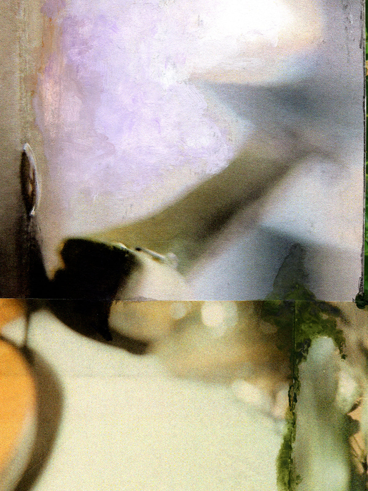 An abstract, painterly close-up with soft blended areas of pale lavender, white, beige, black, and a small green patch, with no clearly identifiable physical product or person.