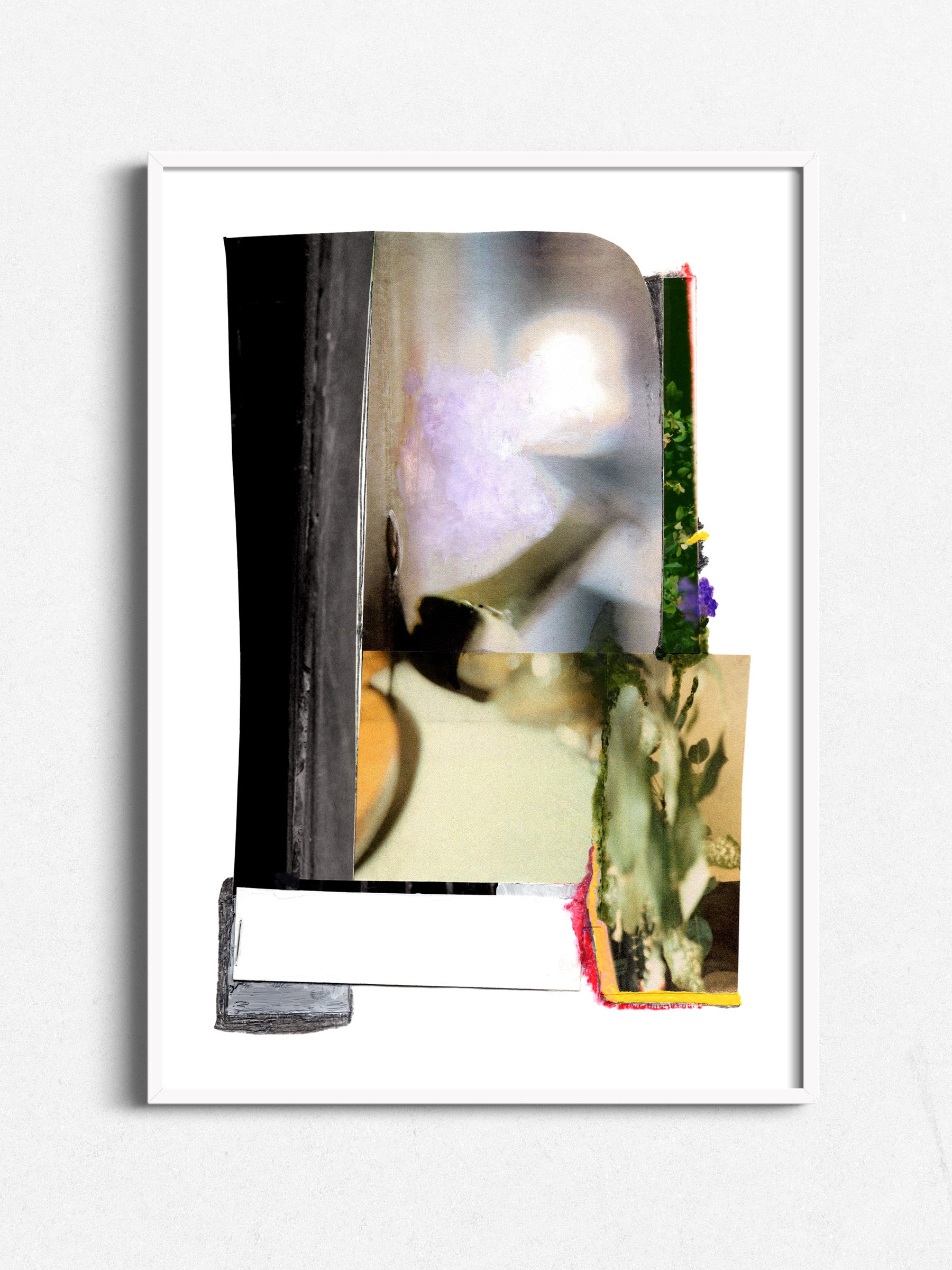 Colorful abstract collage with a focus on a blurred figure and floral elements in white frame.
