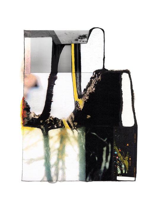 Abstract black, yellow, and white photo collage with small color details. 