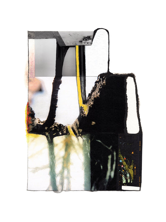 Abstract black, yellow, and white photo collage with small color details. 