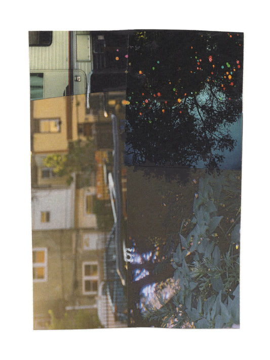 Abstract collage with architectural elements in dark blue, black, and earth tones.