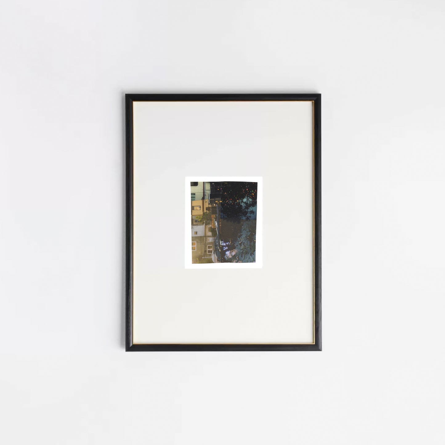 Original abstract photo collage layering architectural interiors, tree silhouettes, and colorful dots in a black frame.