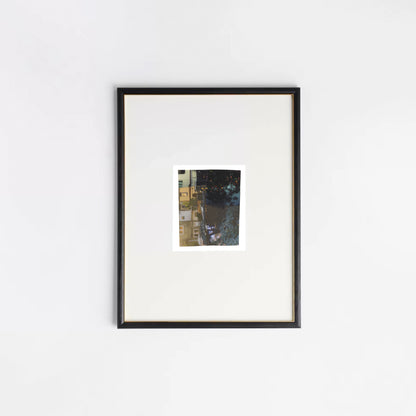 Original abstract photo collage layering architectural interiors, tree silhouettes, and colorful dots in a black frame.