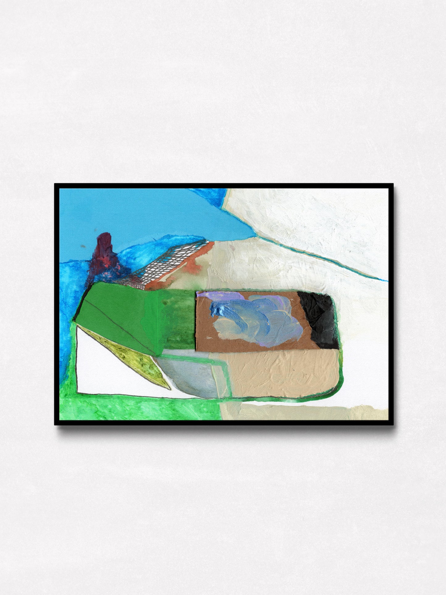 An abstract framed art print featuring a colorful geometric composition with green, blue, beige, and brown shapes, displayed on a light gray textured wall.