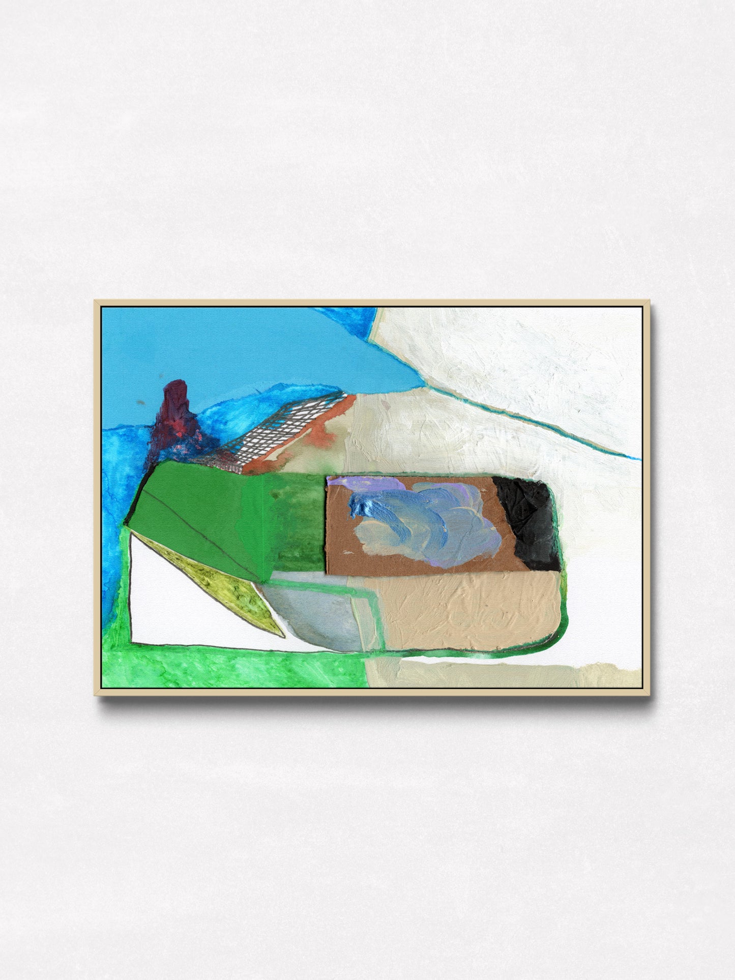 An abstract framed painting featuring geometric shapes and textured brushstrokes in green, blue, white, brown, and black, displayed on a light textured wall.