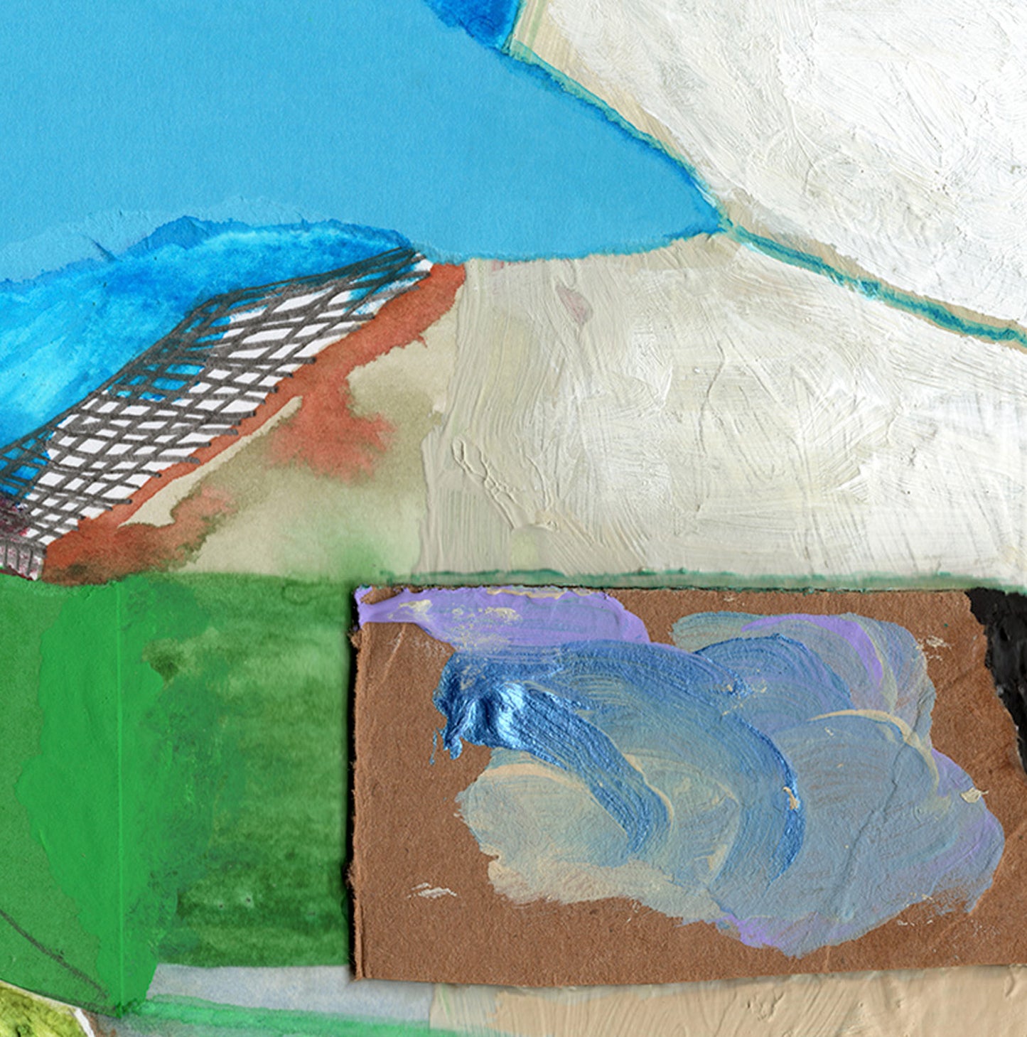 An abstract landscape painting with thick textured brushstrokes, featuring a bright blue sky, a white and beige shoreline, a green field, and a brown section with blue and purple paint.
