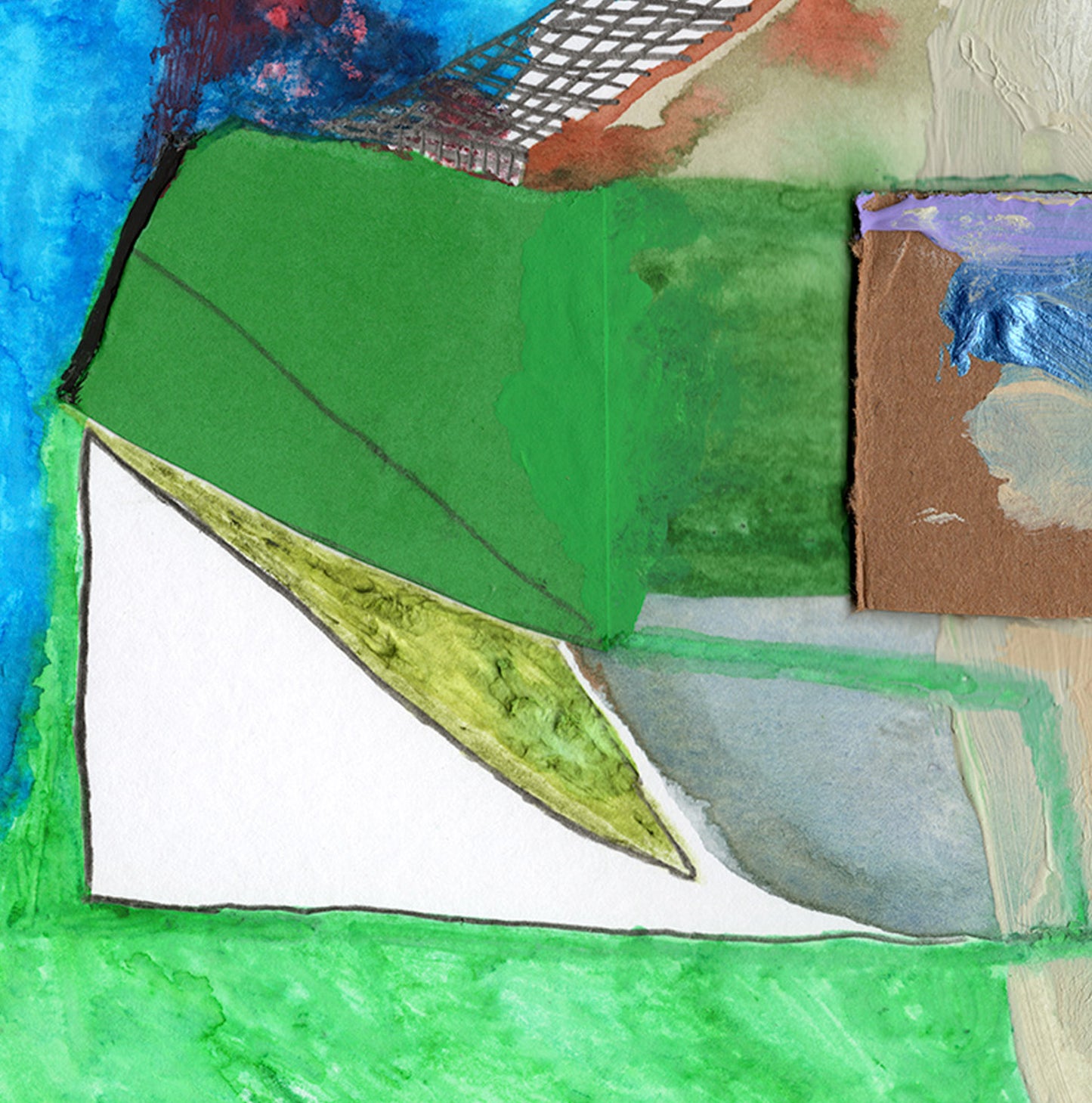 Abstract mixed-media landscape artwork featuring textured green fields, a white triangular area, blue water-like sections, brown and gray landforms, and a small grid-like structure near the top.
