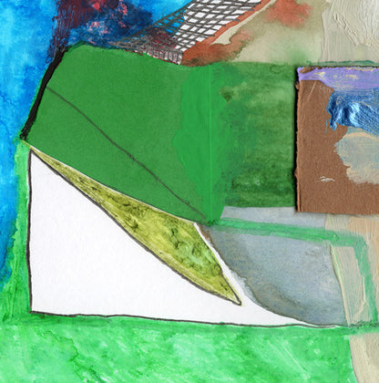 Abstract mixed-media landscape artwork featuring textured green fields, a white triangular area, blue water-like sections, brown and gray landforms, and a small grid-like structure near the top.
