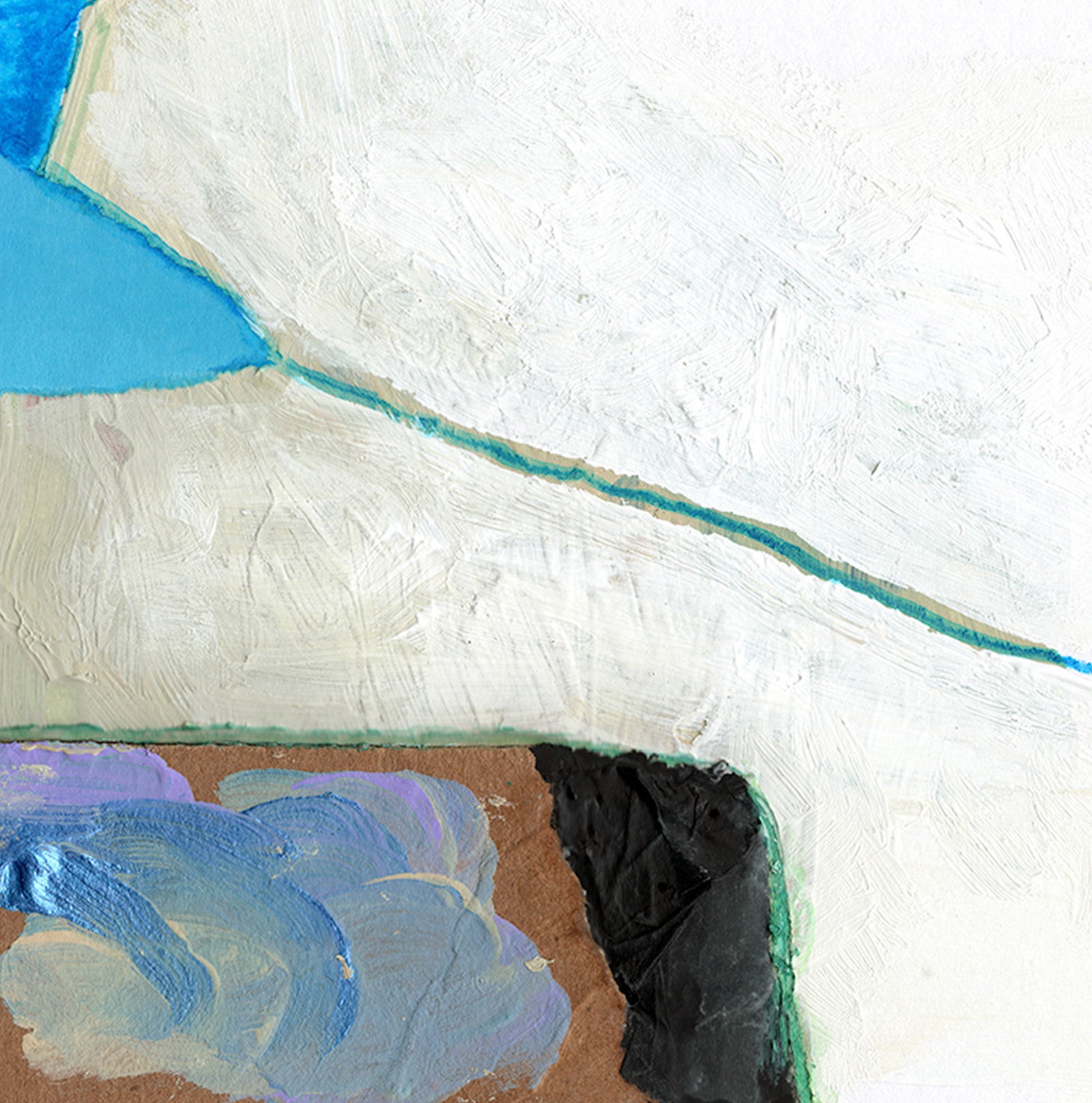 Close-up detail of abstract painting with painterly white strokes, swirls of blue and lavender, and a blue line.