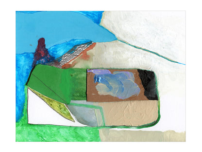 Abstract mixed media painting with blue, green, brown, taupe, white, and black, with fine colored pencil and graphite mark-makings.
