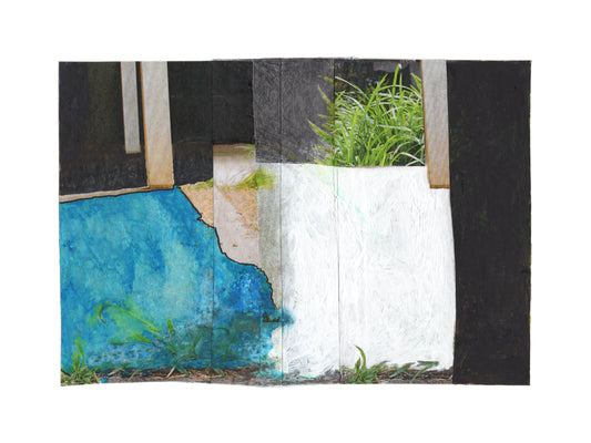 Abstract photo collage art with shapes in blue, green, white, and black.