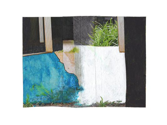 Abstract photo collage art with shapes in blue, green, white, and black.