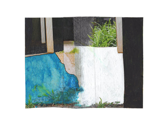 Abstract photo collage art with shapes in blue, green, white, and black.