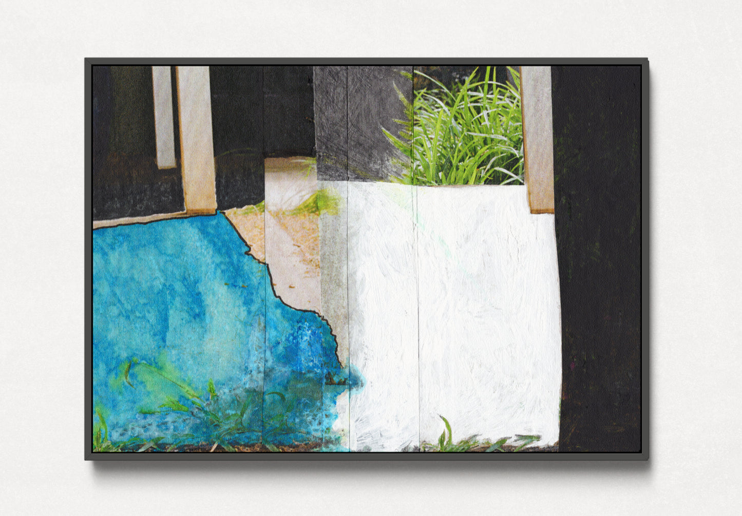 Framed canvas print of abstract collage art with shapes in blue, green, white, and black.