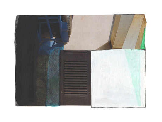 Abstract art piece with geometric shapes in blue, green, white, and black.