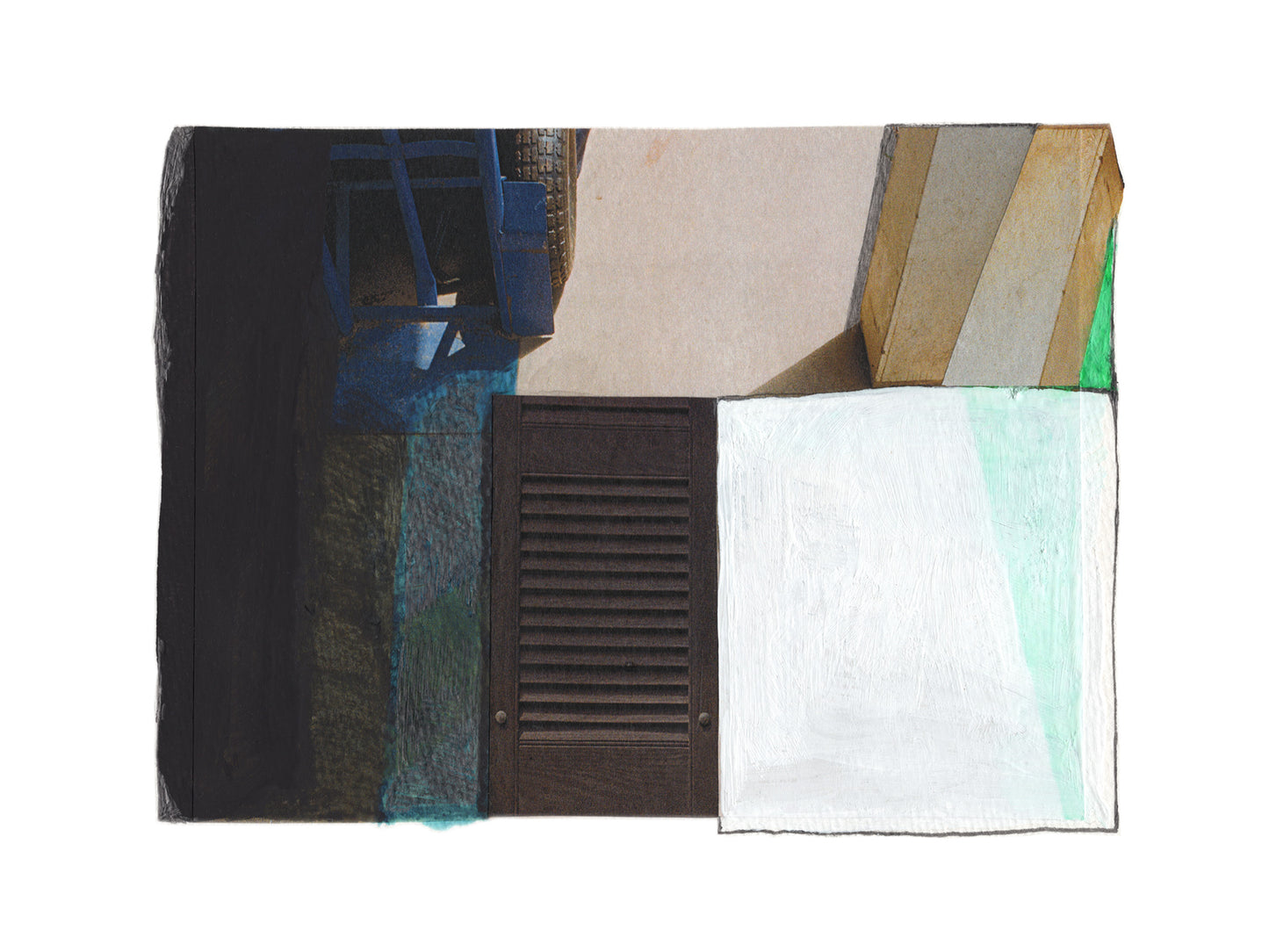 Abstract art piece with geometric shapes in blue, green, white, and black.